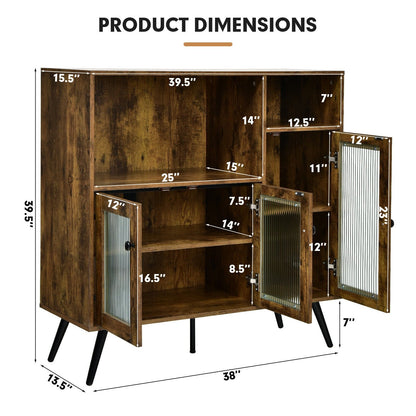 Industrial Buffet Cabinet with Glass Doors Adjustable Shelves and Open Storage