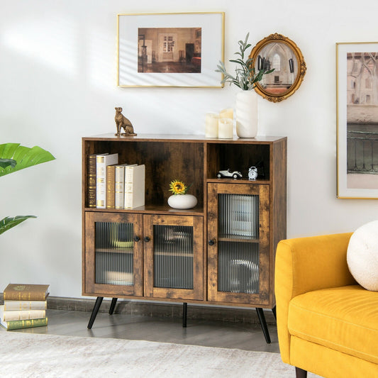 Industrial Buffet Cabinet with Glass Doors Adjustable Shelves and Open Storage