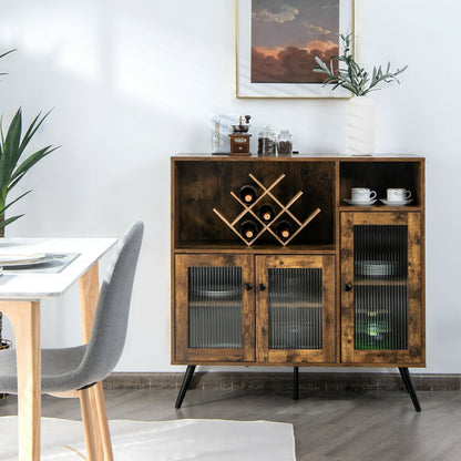 Industrial Buffet Cabinet with Glass Doors Adjustable Shelves and Open Storage