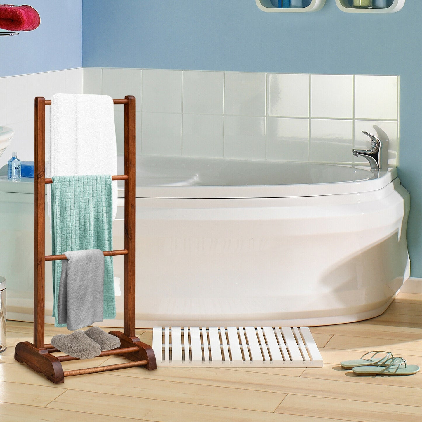 Freestanding Acacia Wood 3 Tier Towel Rack with Bottom Shelf