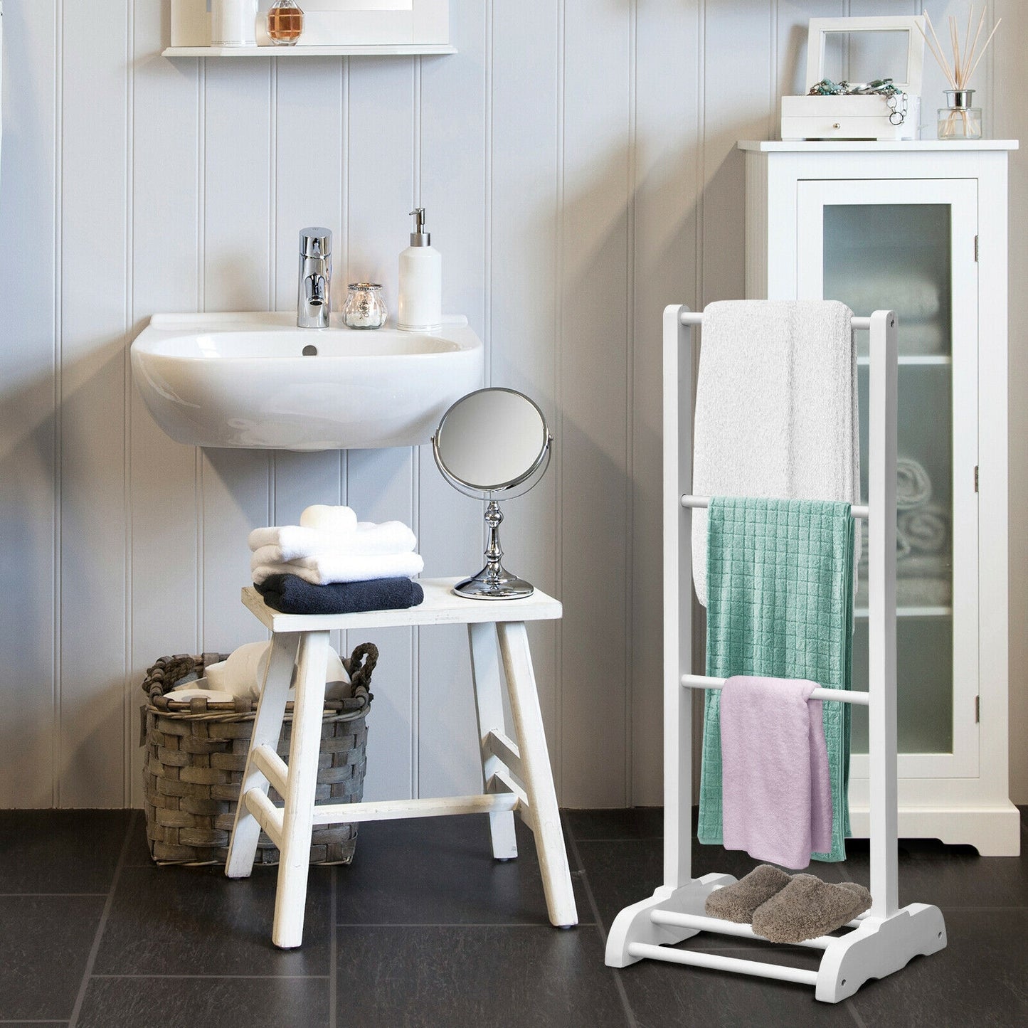 Freestanding Acacia Wood 3 Tier Towel Rack with Bottom Shelf