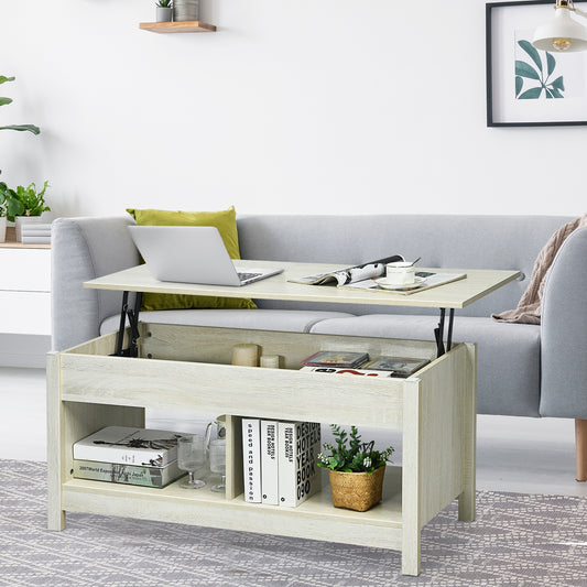 Adjustable Lift Top Coffee Table with Hidden Storage and Lower Shelves in White
