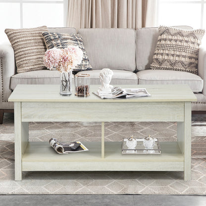 Adjustable Lift Top Coffee Table with Hidden Storage and Lower Shelves in White
