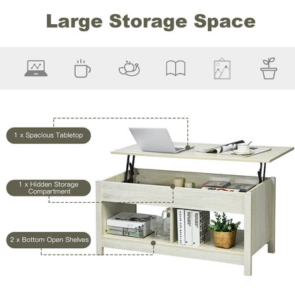 Adjustable Lift Top Coffee Table with Hidden Storage and Lower Shelves in White