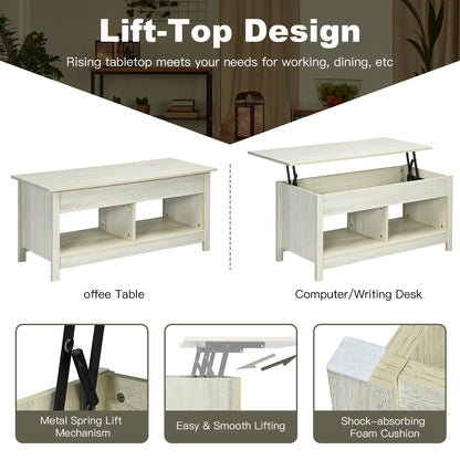 Adjustable Lift Top Coffee Table with Hidden Storage and Lower Shelves in White