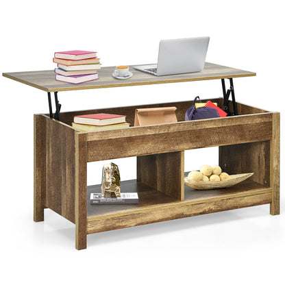 Adjustable Lift Top Coffee Table with Hidden Storage and Lower Shelves in Natural
