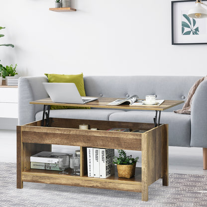 Adjustable Lift Top Coffee Table with Hidden Storage and Lower Shelves in Natural