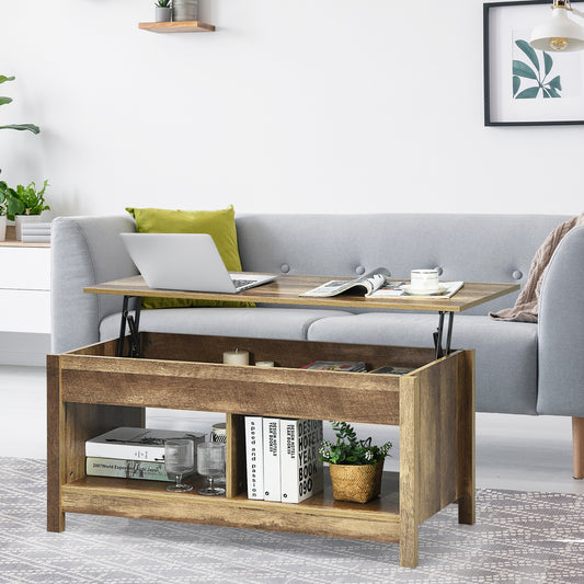Adjustable Lift Top Coffee Table with Hidden Storage and Lower Shelves in Natural
