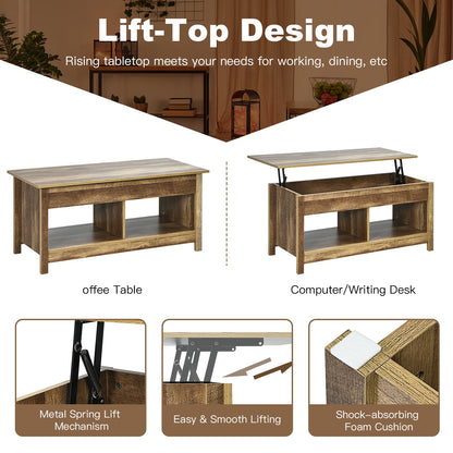 Adjustable Lift Top Coffee Table with Hidden Storage and Lower Shelves in Natural