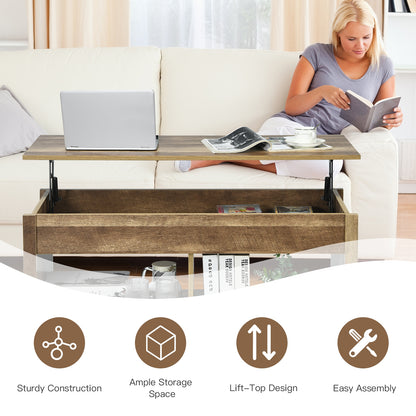 Adjustable Lift Top Coffee Table with Hidden Storage and Lower Shelves in Natural