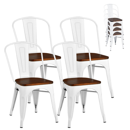 Set of 4 Industrial Metal Dining Chairs with Wood Seat - White