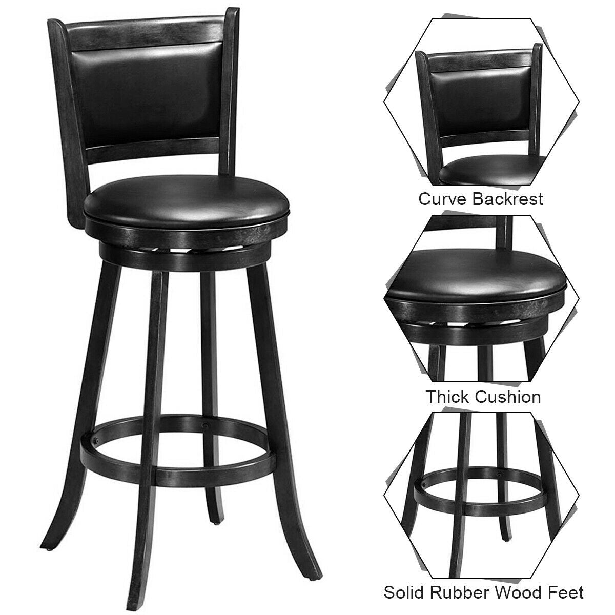 29 Inch Swivel Counter Stools with Upholstered Seats, Set of 2 - Black