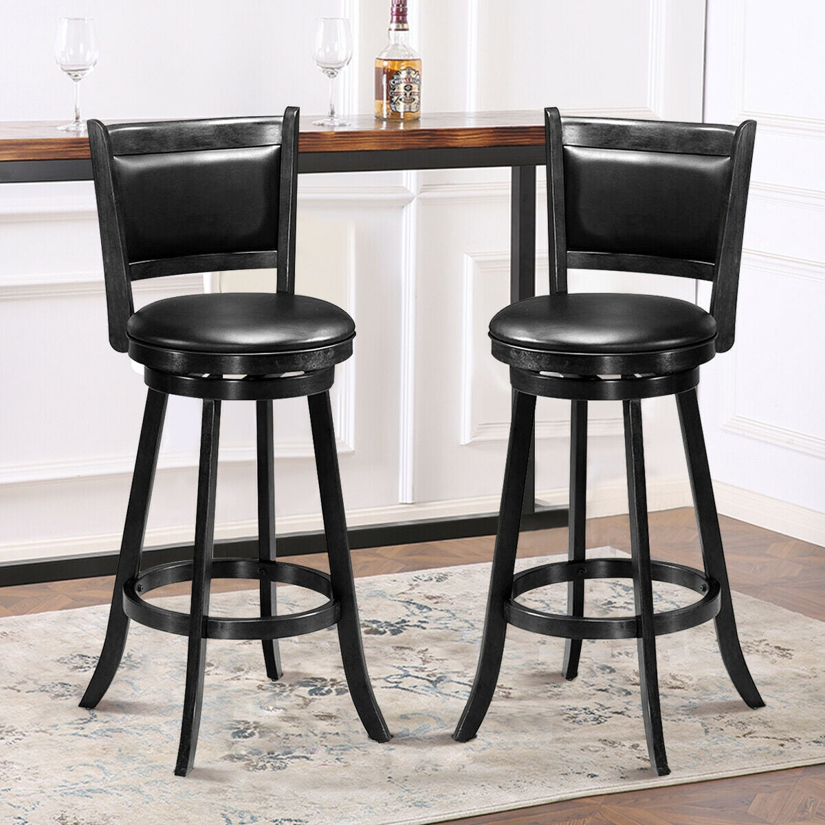 29 Inch Swivel Counter Stools with Upholstered Seats, Set of 2 - Black