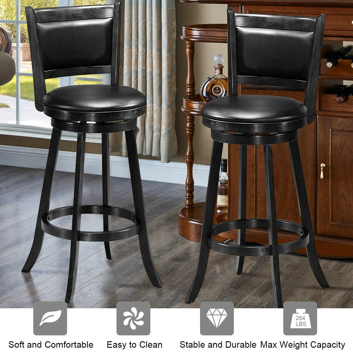 29 Inch Swivel Counter Stools with Upholstered Seats, Set of 2 - Black