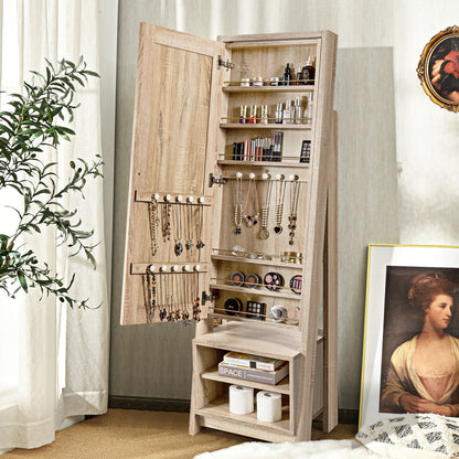Freestanding Full-Length Mirror Jewelry Armoire with Bottom Storage Shelves