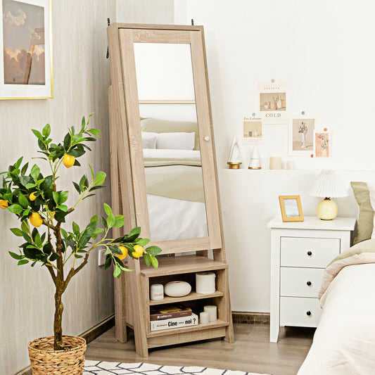 Freestanding Full-Length Mirror Jewelry Armoire with Bottom Storage Shelves