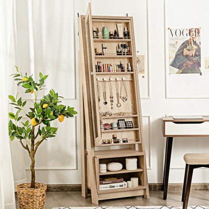Freestanding Full-Length Mirror Jewelry Armoire with Bottom Storage Shelves