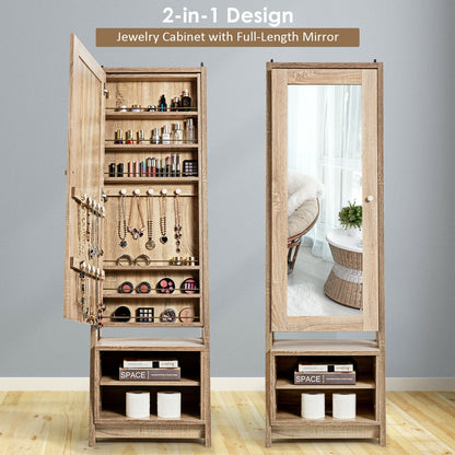 Freestanding Full-Length Mirror Jewelry Armoire with Bottom Storage Shelves