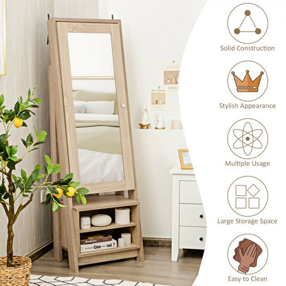 Freestanding Full-Length Mirror Jewelry Armoire with Bottom Storage Shelves