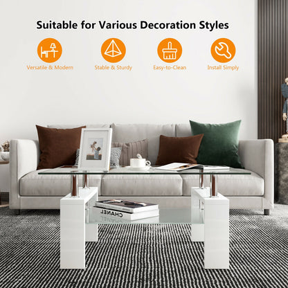 Tempered Glass Coffee Table with Two Tier Design and Wood Accents - White