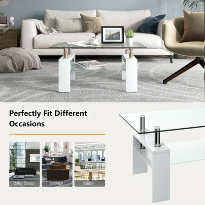 Tempered Glass Coffee Table with Two Tier Design and Wood Accents - White