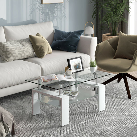 Tempered Glass Coffee Table with Two Tier Design and Wood Accents - White