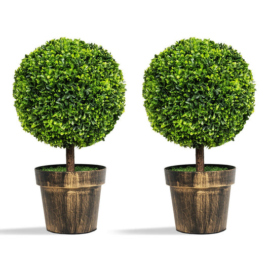 Set of 2 - 24 Inch Artificial Boxwood Topiary Ball Trees for Home & Office Décor