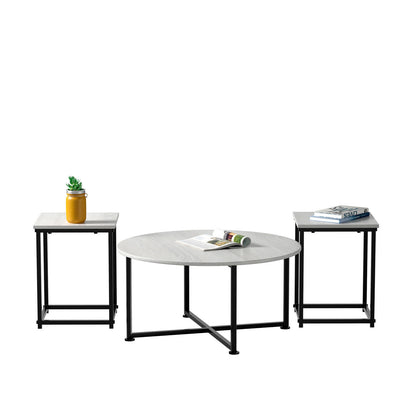 3 Piece Faux Marble Coffee Table Set with Round and Rectangular Tables - Natural