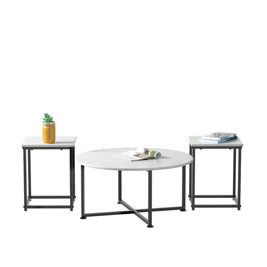 3 Piece Faux Marble Coffee Table Set with Round and Rectangular Tables - Grey