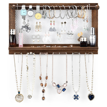 Wall Mounted Jewelry Storage Rack with Hooks, Mesh, Shelf and Rod