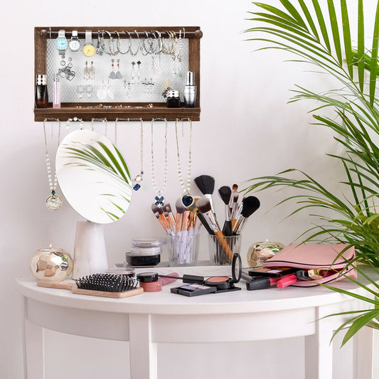 Wall Mounted Jewelry Storage Rack with Hooks, Mesh, Shelf and Rod