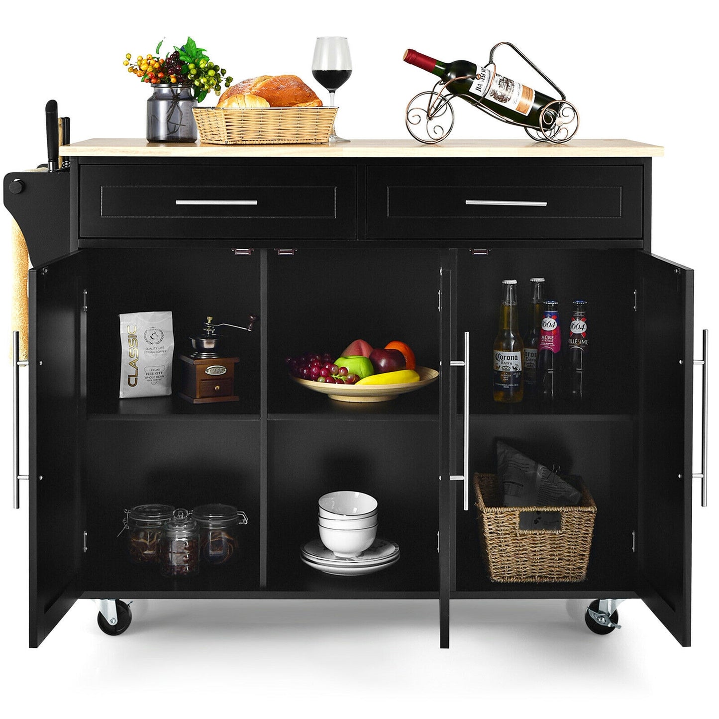Rolling Kitchen Island Cart with Wood Top Storage Cabinets Drawers and Knife Block - Black