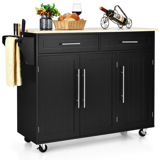 Rolling Kitchen Island Cart with Wood Top Storage Cabinets Drawers and Knife Block - Black