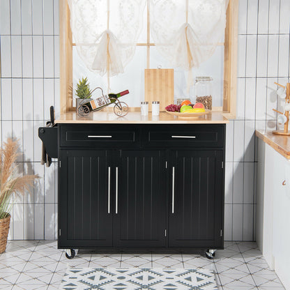 Rolling Kitchen Island Cart with Wood Top Storage Cabinets Drawers and Knife Block - Black