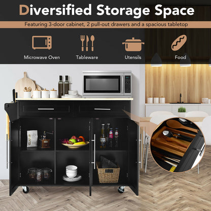 Rolling Kitchen Island Cart with Wood Top Storage Cabinets Drawers and Knife Block - Black