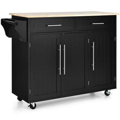 Rolling Kitchen Island Cart with Wood Top Storage Cabinets Drawers and Knife Block - Black