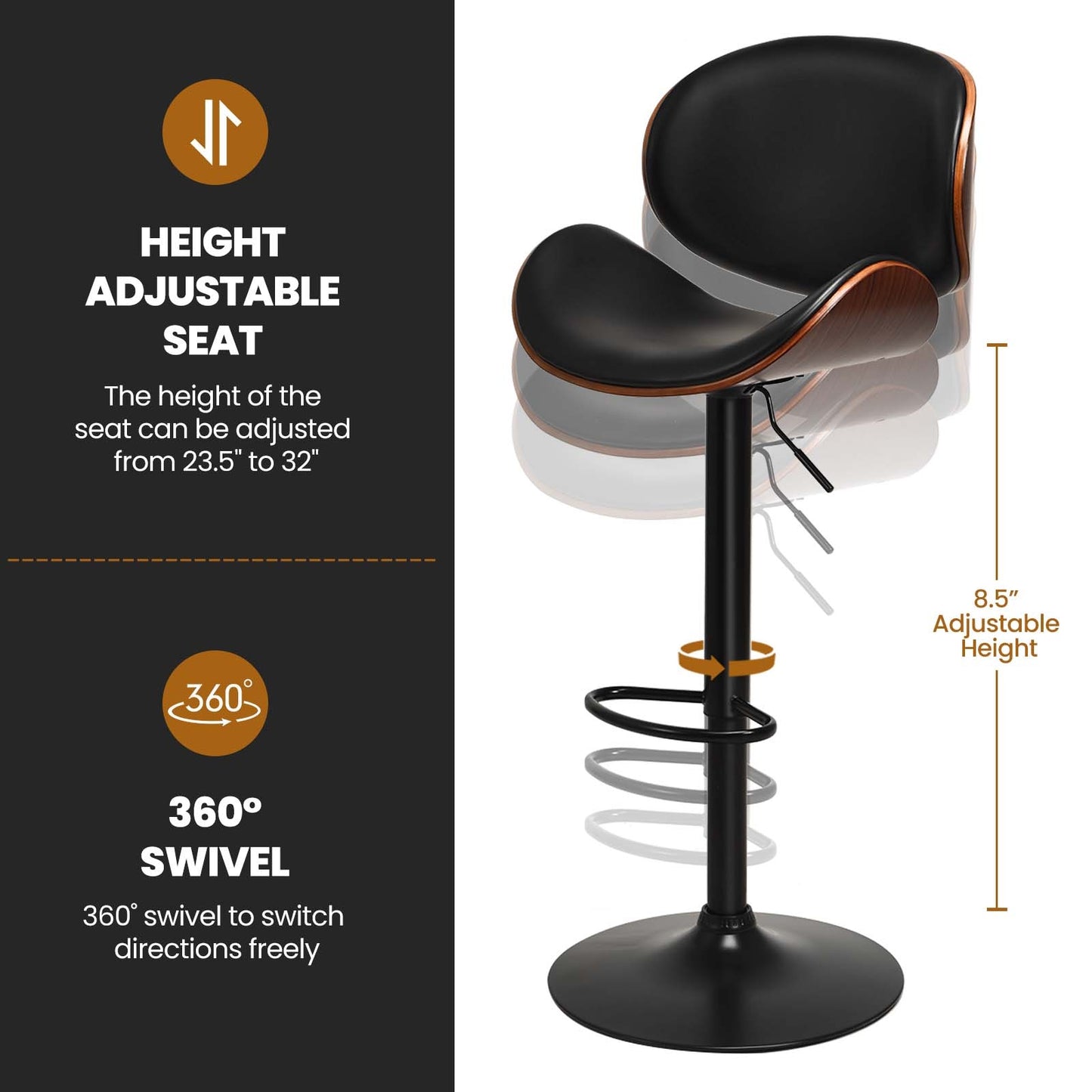 Set of 2 Counter Height Swivel Bar Stools with Adjustable Seat and PU Leather Finish