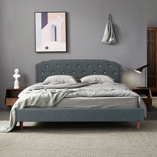 Luxury Upholstered Bed Frame with Adjustable Crystal-Tufted Diamond Headboard – Queen Size