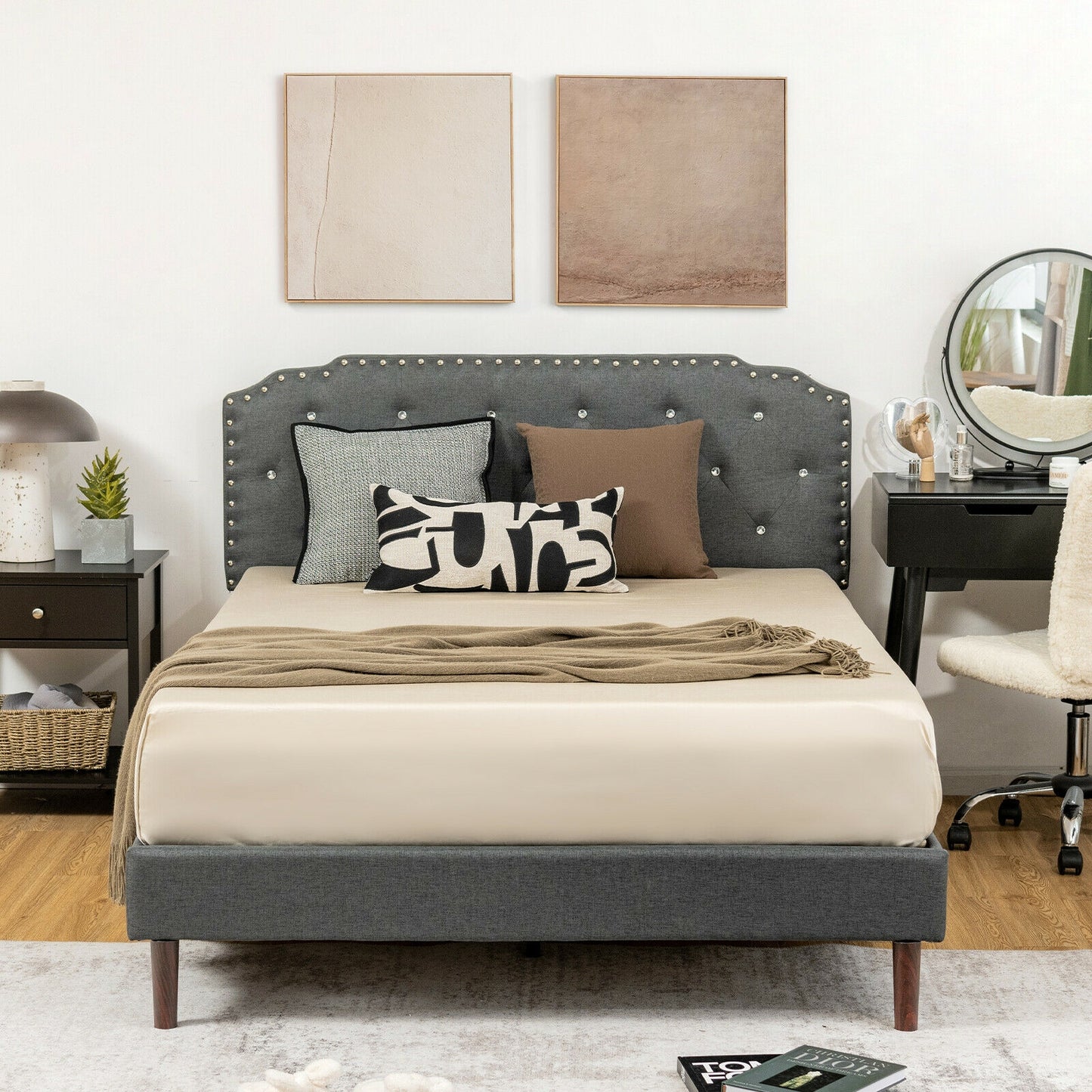 Luxury Upholstered Bed Frame with Adjustable Crystal-Tufted Diamond Headboard – Full Size