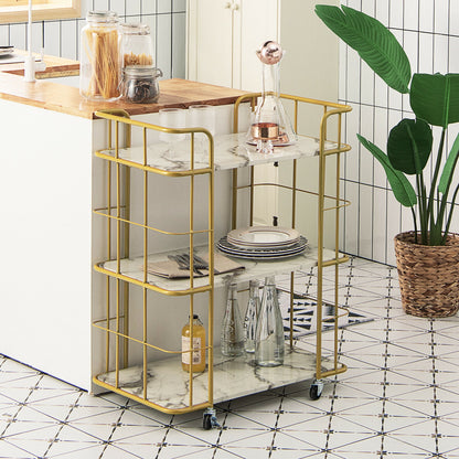 Elegant 3-Tier Rolling Kitchen Cart with Faux Marble Top and Gold Frame Handles