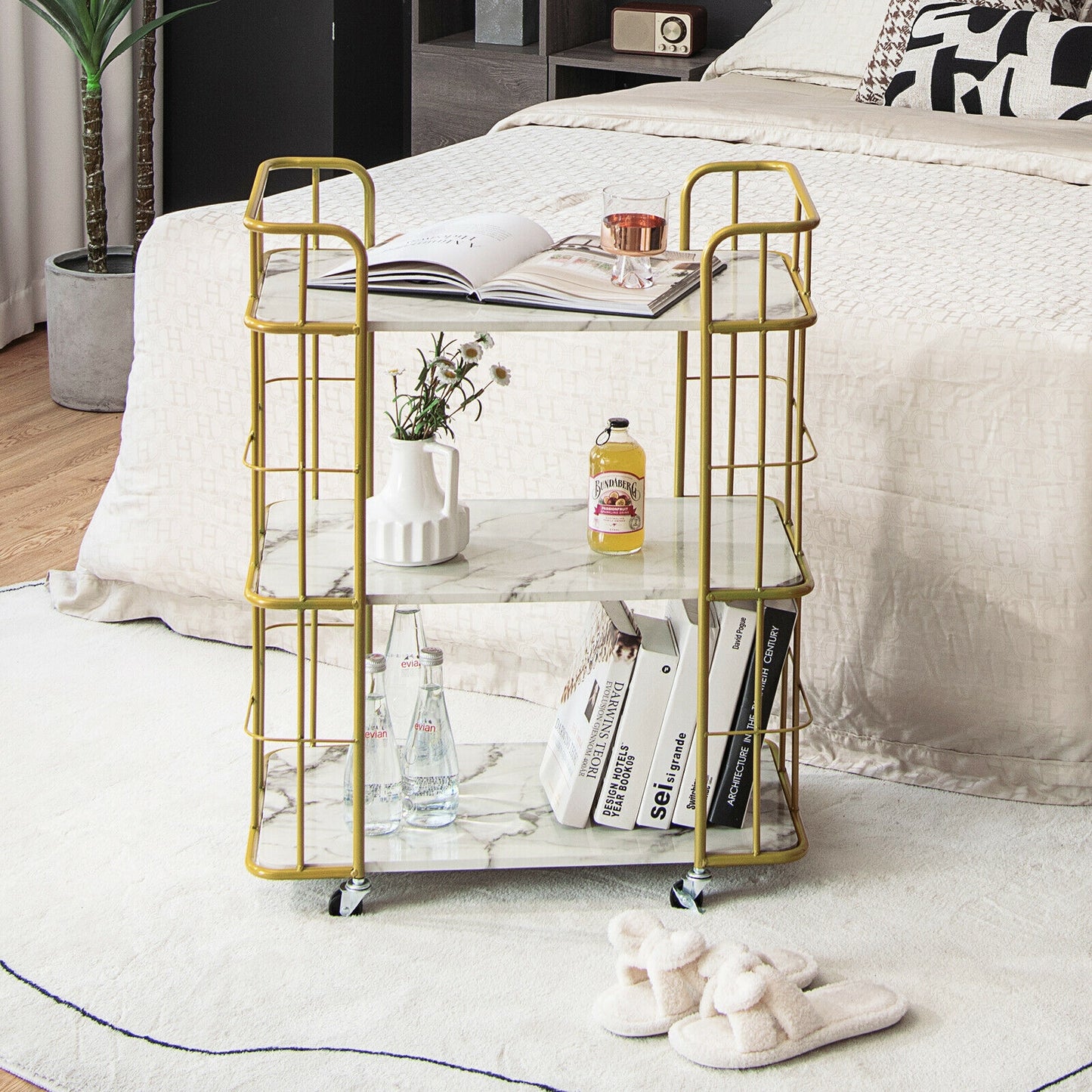 Elegant 3-Tier Rolling Kitchen Cart with Faux Marble Top and Gold Frame Handles