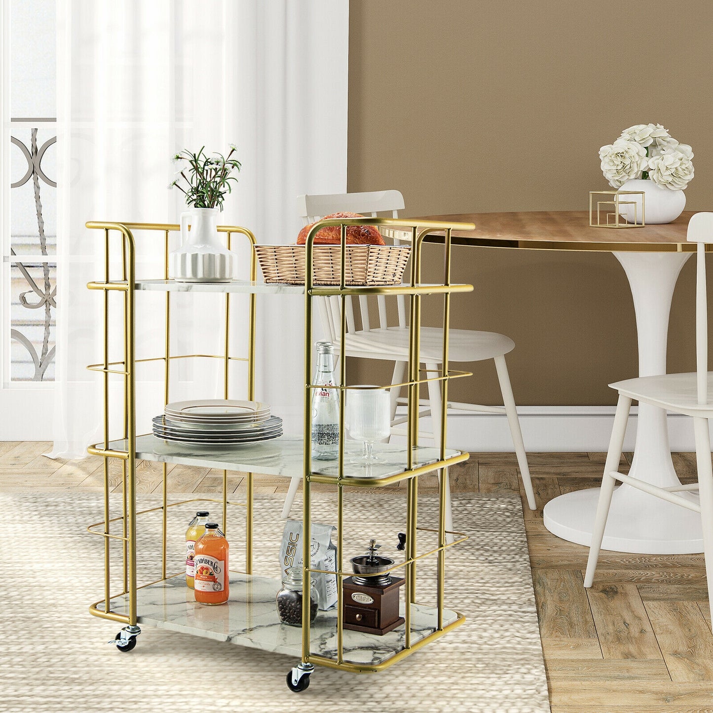 Elegant 3-Tier Rolling Kitchen Cart with Faux Marble Top and Gold Frame Handles