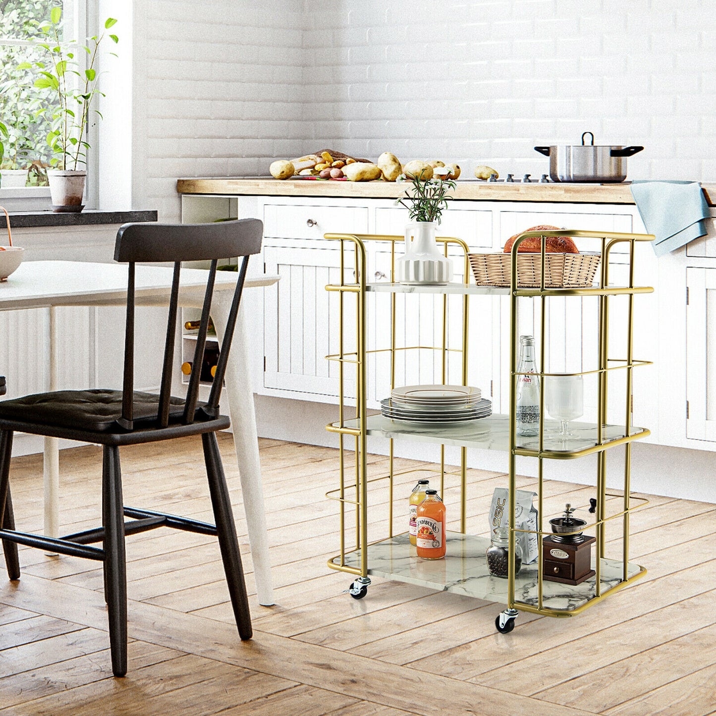 Elegant 3-Tier Rolling Kitchen Cart with Faux Marble Top and Gold Frame Handles