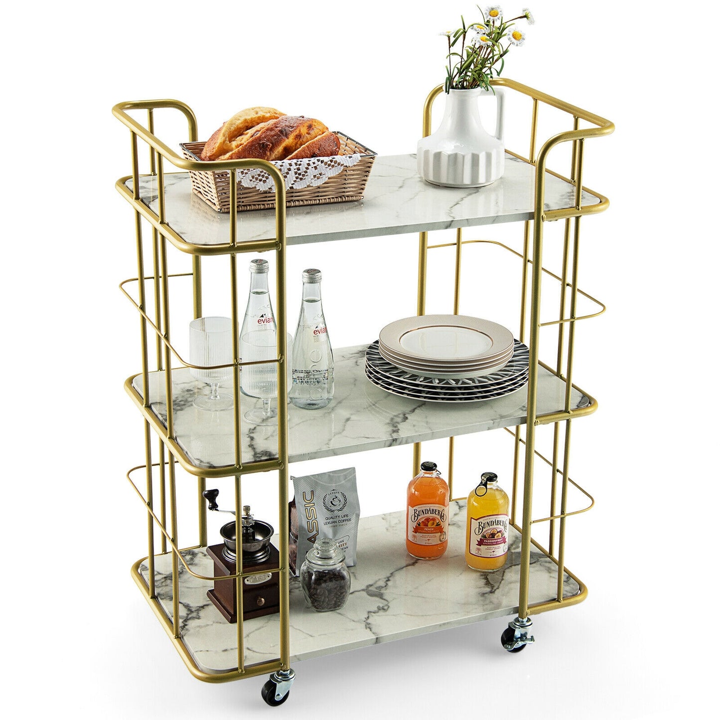 Elegant 3-Tier Rolling Kitchen Cart with Faux Marble Top and Gold Frame Handles