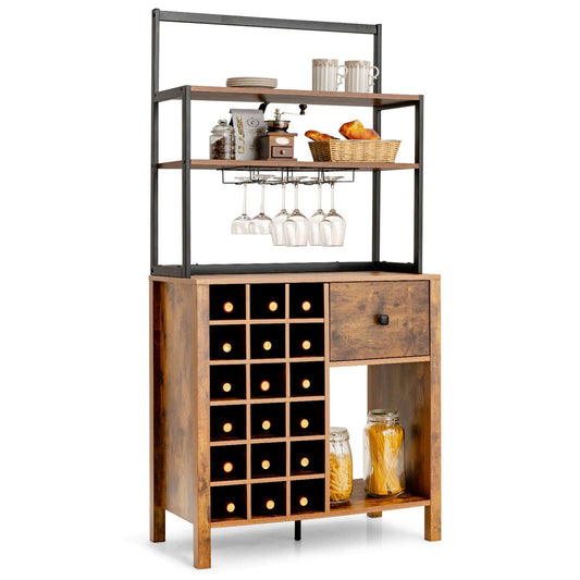 Multifunctional Kitchen Bakers Rack with Wine Bottle Storage Glass Holder and Drawer - Rustic Brown
