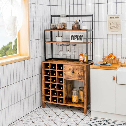 Multifunctional Kitchen Bakers Rack with Wine Bottle Storage Glass Holder and Drawer - Rustic Brown