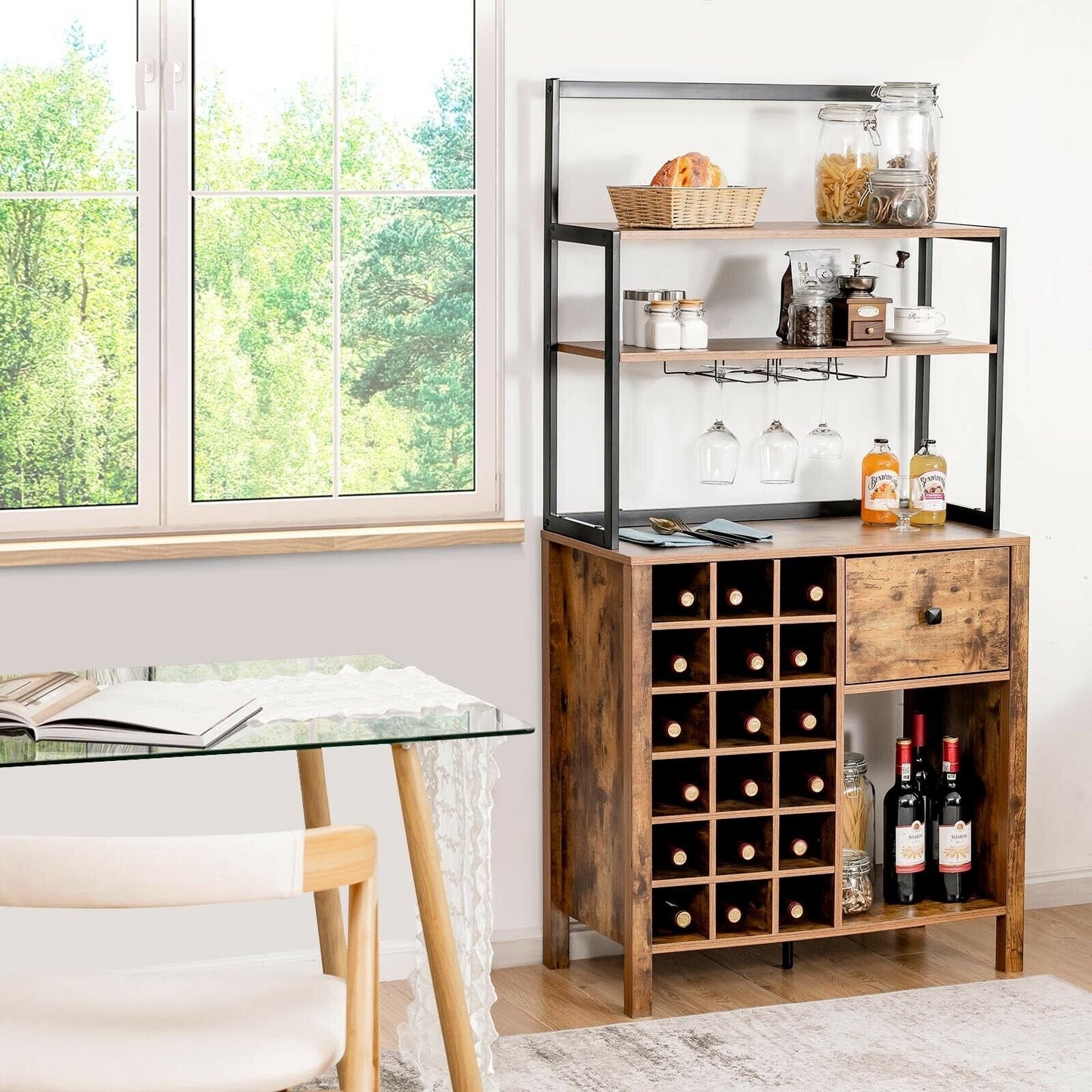 Multifunctional Kitchen Bakers Rack with Wine Bottle Storage Glass Holder and Drawer - Rustic Brown