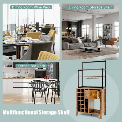 Multifunctional Kitchen Bakers Rack with Wine Bottle Storage Glass Holder and Drawer - Rustic Brown