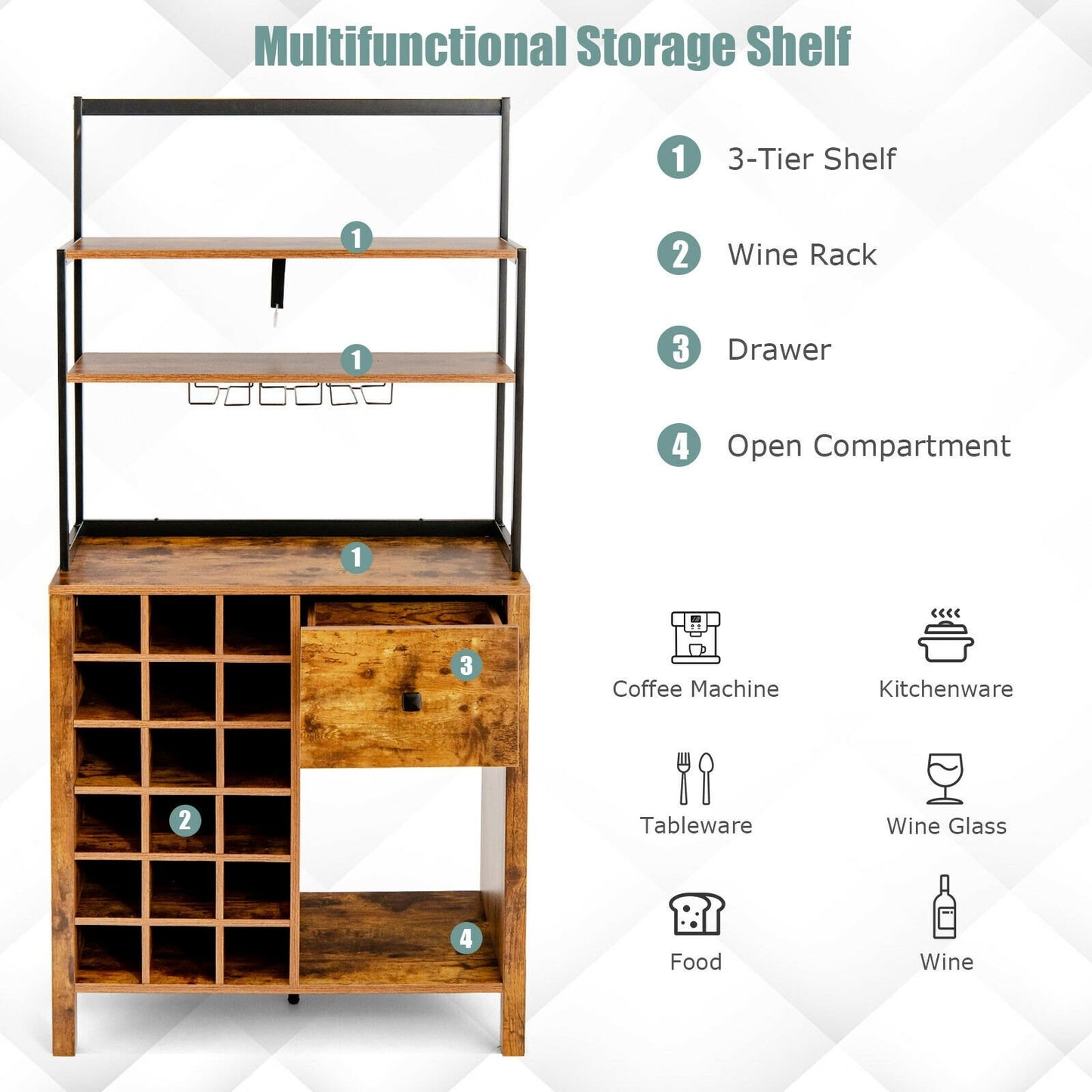 Multifunctional Kitchen Bakers Rack with Wine Bottle Storage Glass Holder and Drawer - Rustic Brown