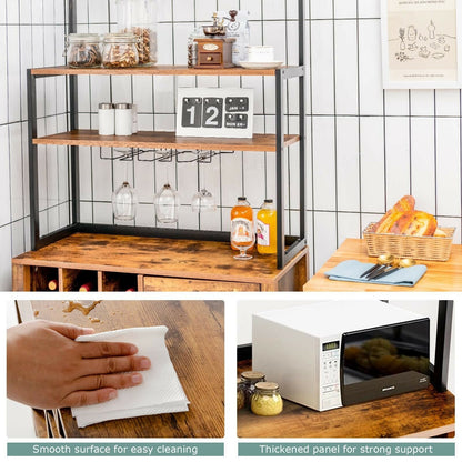 Multifunctional Kitchen Bakers Rack with Wine Bottle Storage Glass Holder and Drawer - Rustic Brown